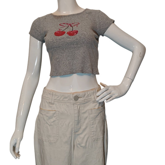 Y2K Cherry Graphic Crop Top Gray Baby Tee Fitted
