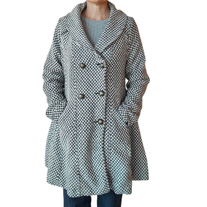 Black and White Textured Knit Double Breasted Coat