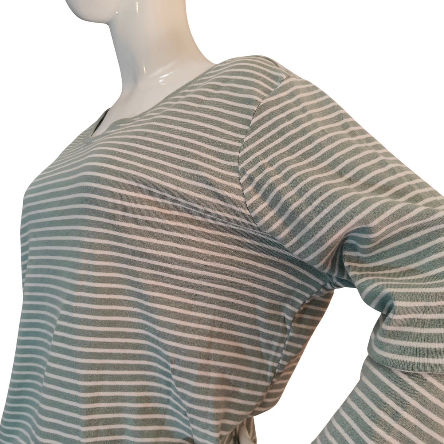 Green and White Striped V-Neck Long-Sleeve Top