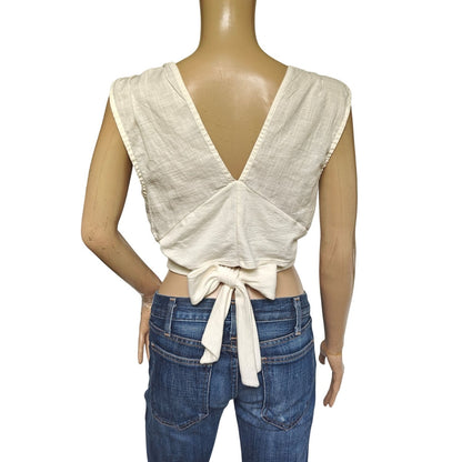 Ivory Linen-Blend Plunge Crop Top With Wrap Waist
