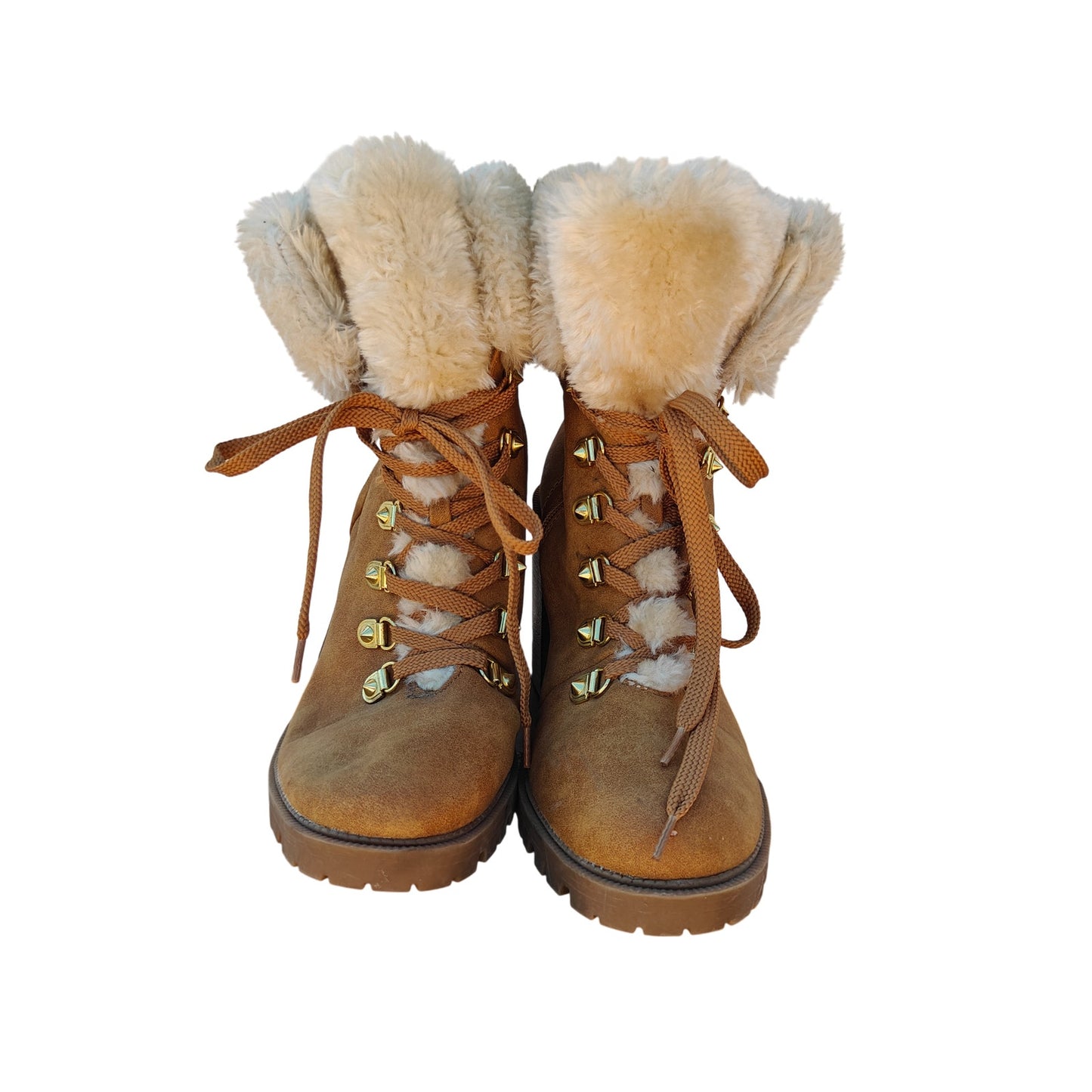 Tan Faux Fur Lace Up Ankle Boots