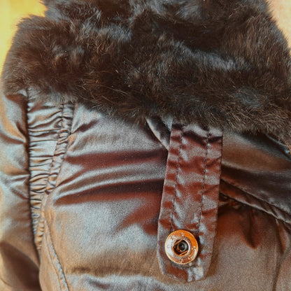 Black Belted Puffer Jacket with Rabbit Fur Collar