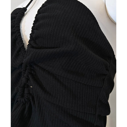 Black Halter Crop Top Ruched Front Size Medium