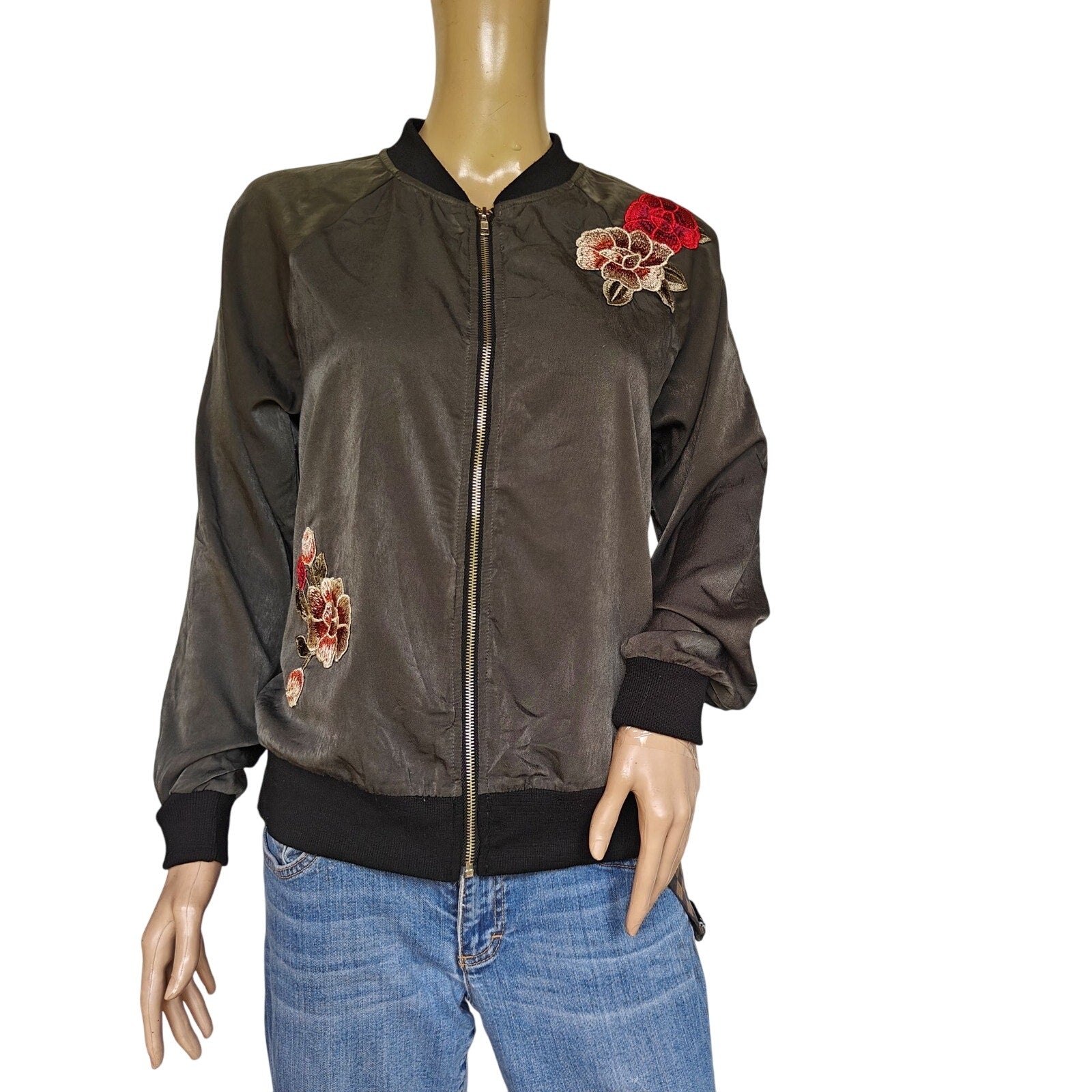 Army Green Floral Embroidered Lightweight Bomber Jacket