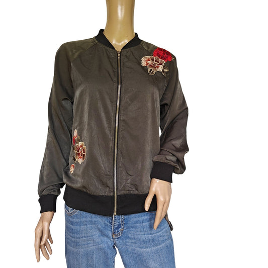 Army Green Floral Embroidered Lightweight Bomber Jacket