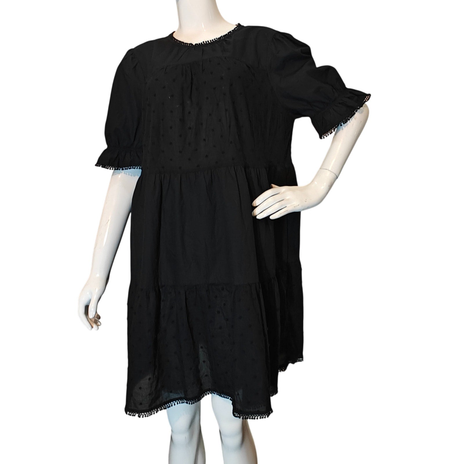 Black Swiss Dot Tiered Puff Sleeve Mini Dress Size Large
