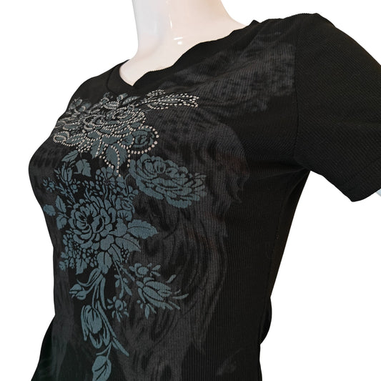 Black Floral Graphic Tee With Rhinestone Detail