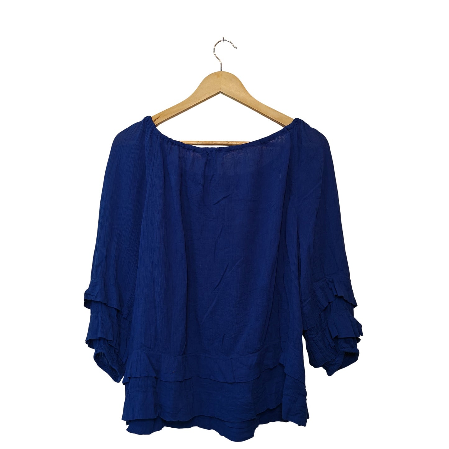 Blue Peasant Blouse Tie Neck Top