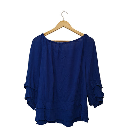 Blue Peasant Blouse Tie Neck Top