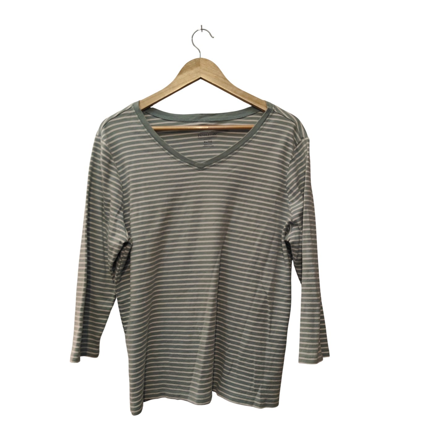 Green and White Striped V-Neck Long-Sleeve Top