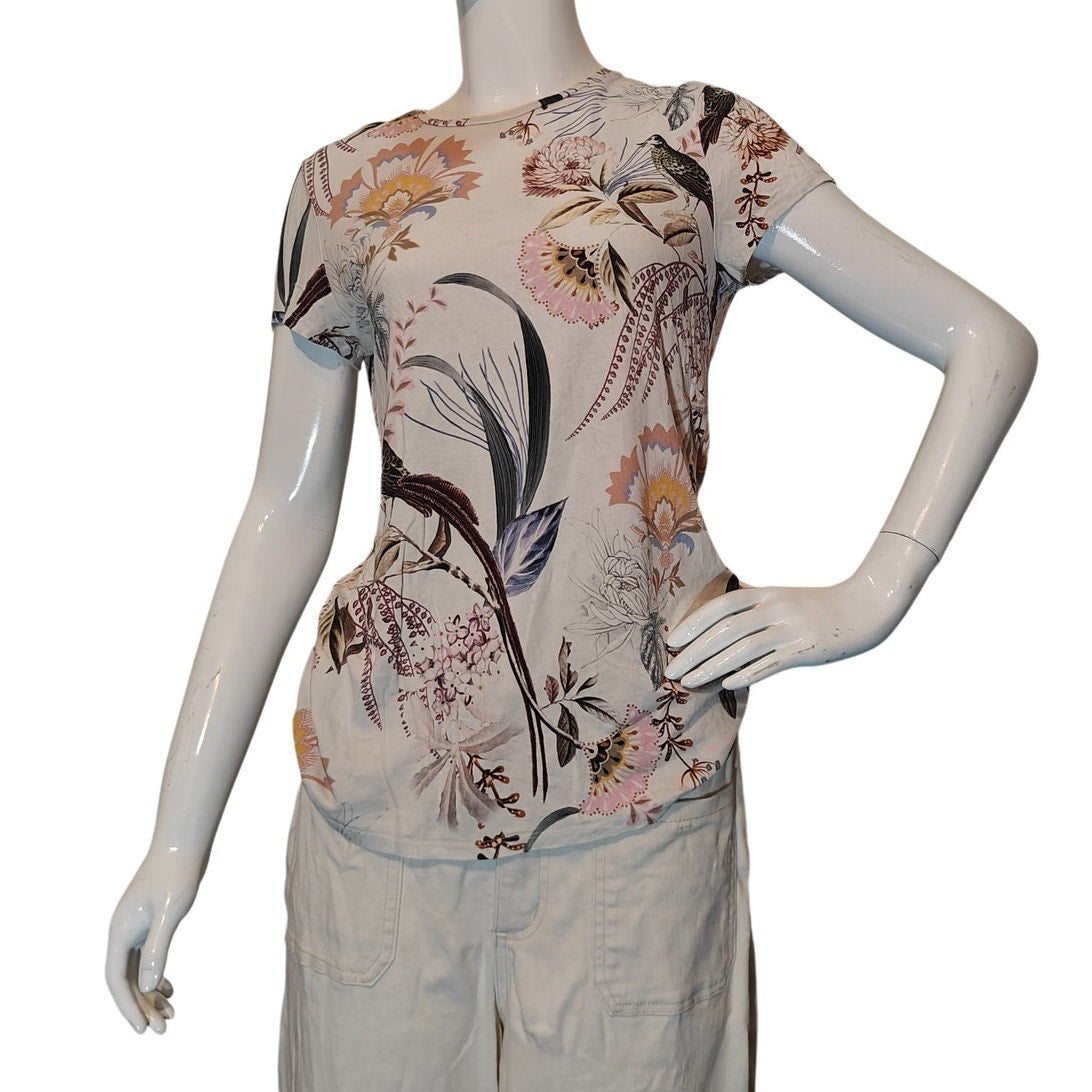 Floral Bird Print Short Sleeve Tee Top