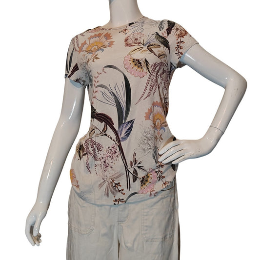 Floral Bird Print Short Sleeve Tee Top