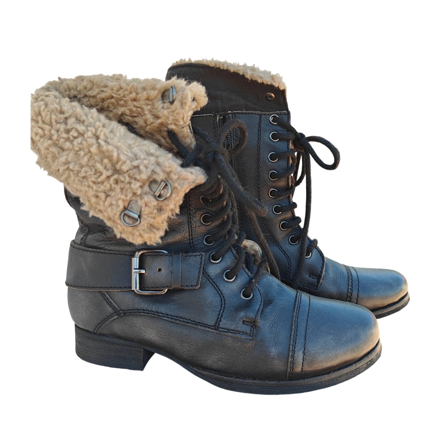 Black Faux Shearling Combat Boots