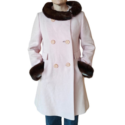 Vintage Blush Pink Wool Coat w Fur Trim Collar and Cuffs