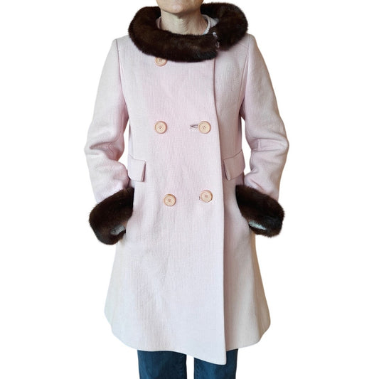 Vintage Blush Pink Wool Coat w Fur Trim Collar and Cuffs