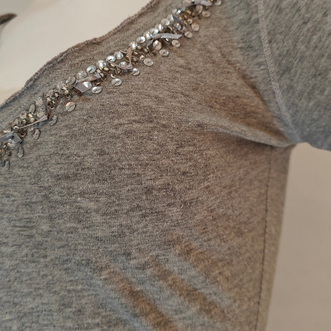 Gray Beaded V-Neck Embellished Tee