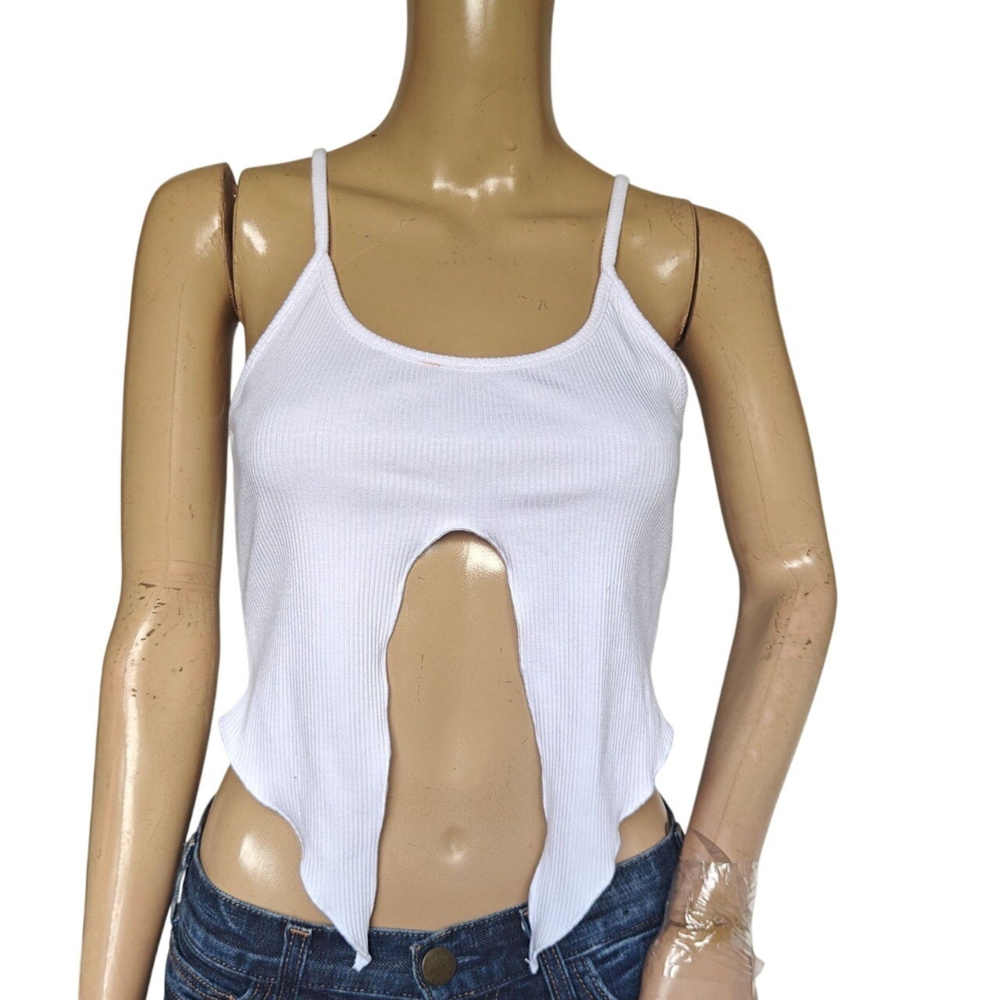 White Ribbed Cutout Crop Tank Top