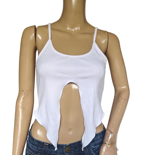 White Ribbed Cutout Crop Tank Top
