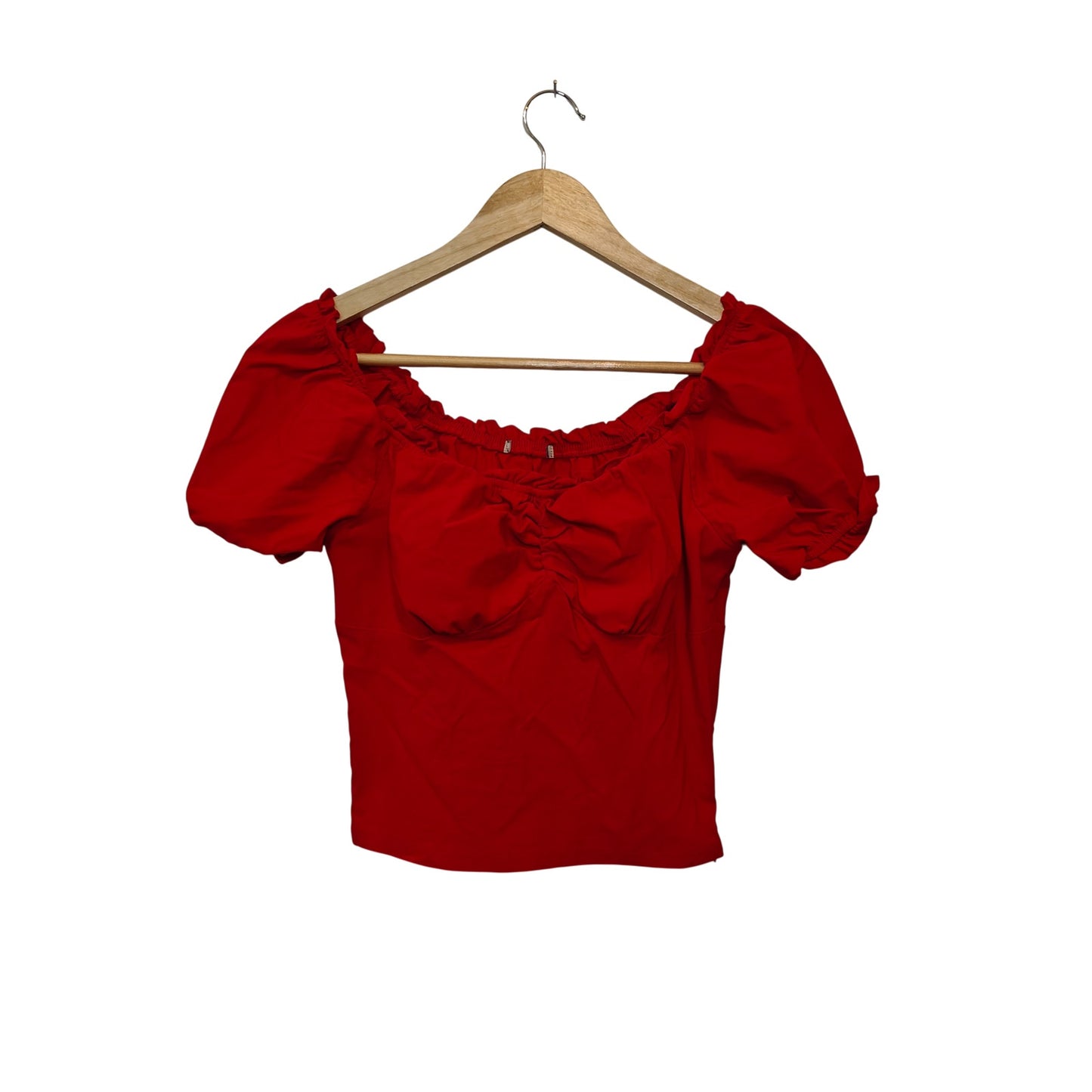 Red Off Shoulder Ruched Puff Sleeve Crop Top