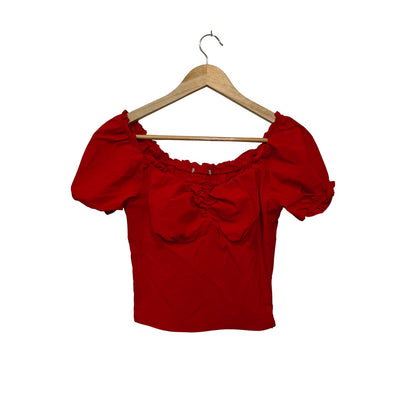 Red Off Shoulder Ruched Puff Sleeve Crop Top