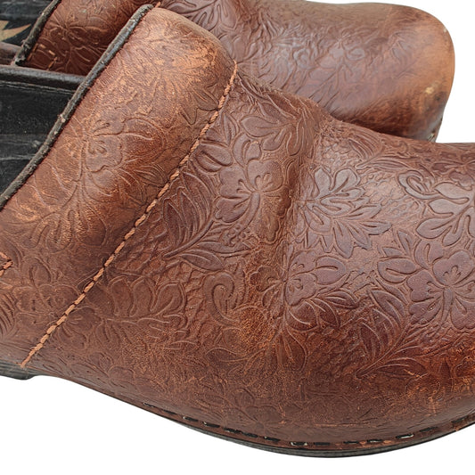 Brown Tooled Leather Clogs With Floral Detail