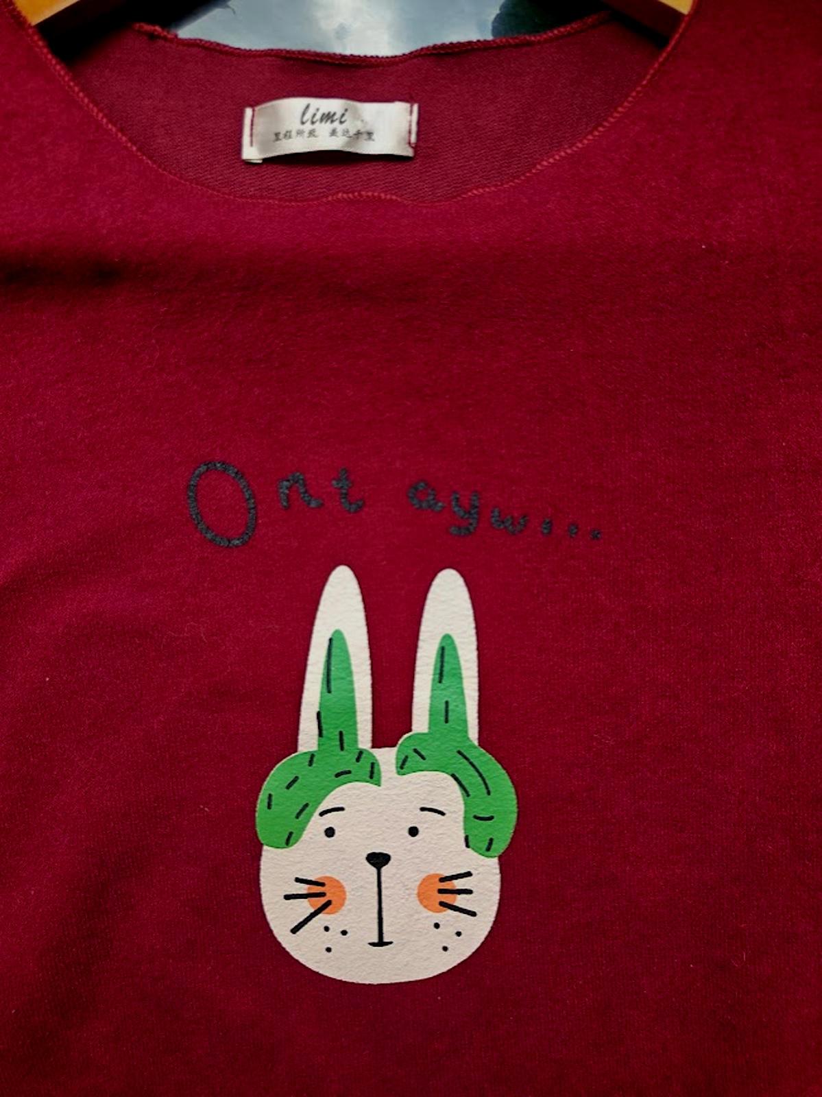 Burgundy Graphic Sweater with Kawaii Bunny