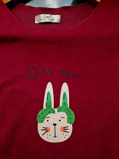 Burgundy Graphic Sweater with Kawaii Bunny