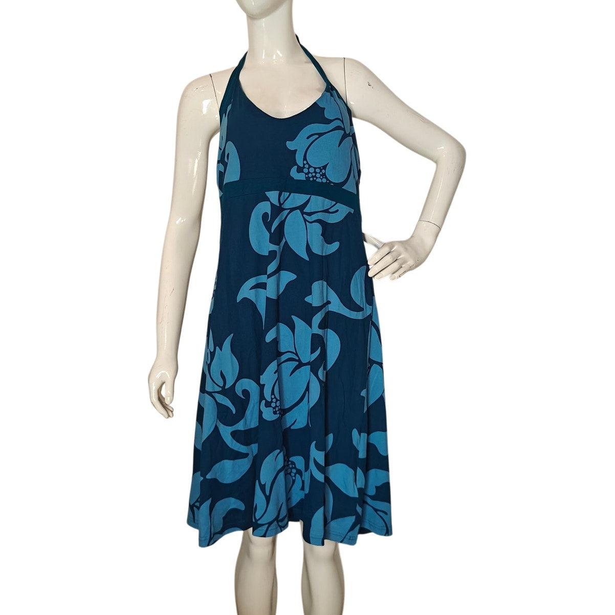 Blue Floral Halter Dress with Open Back