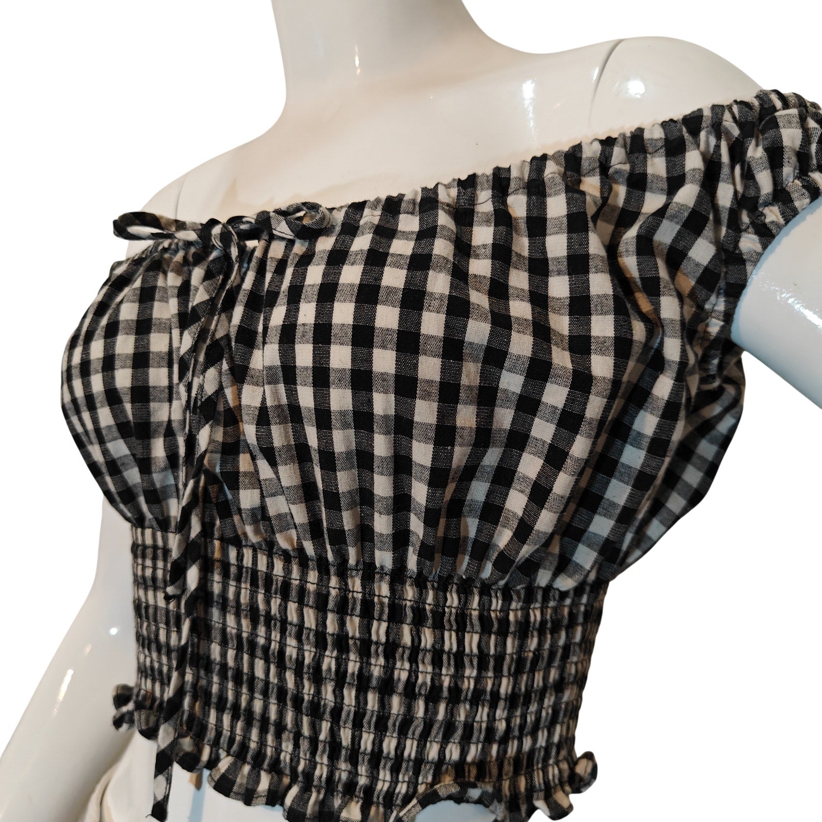 Black & White Gingham Off The Shoulder Smocked Crop Top