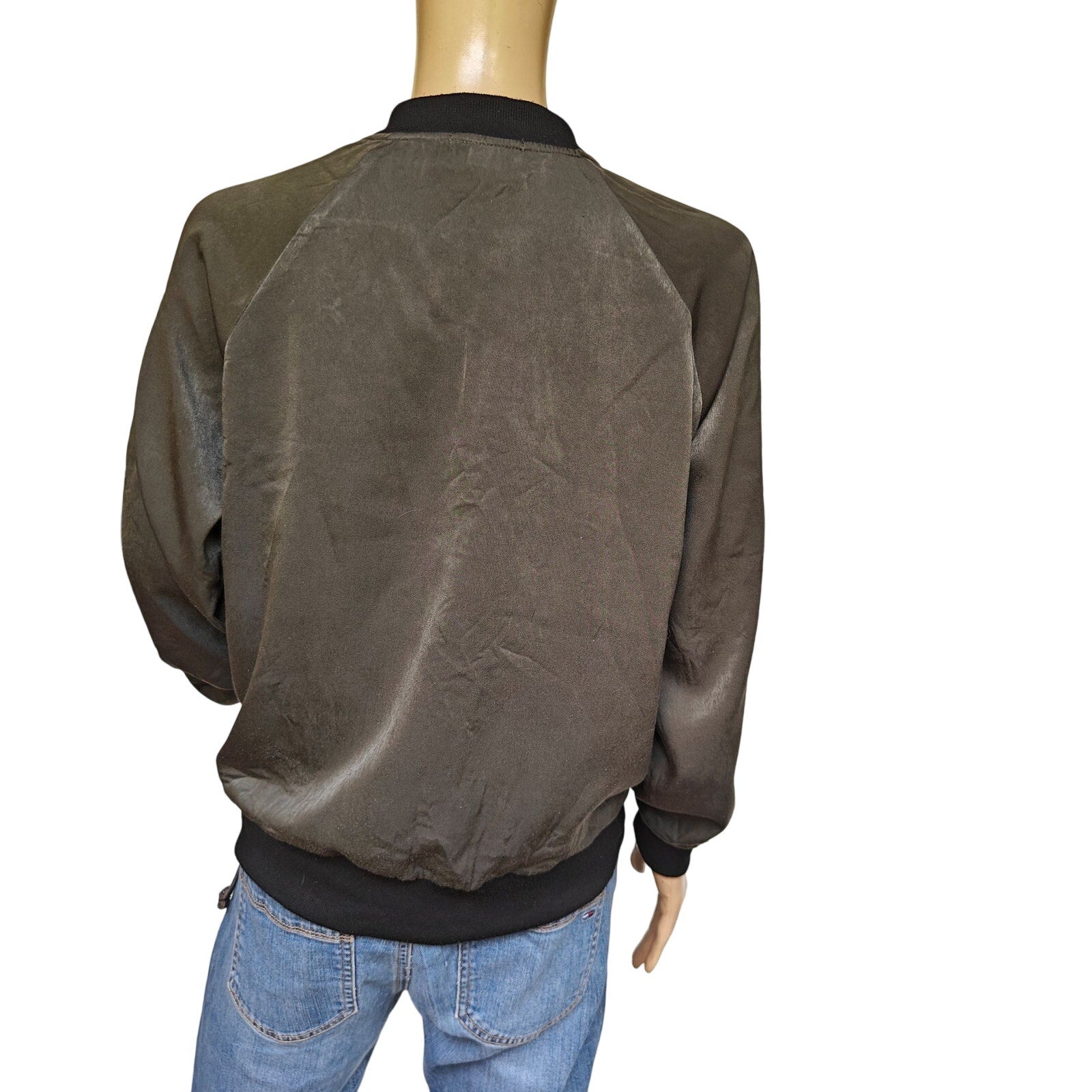 Army Green Floral Embroidered Lightweight Bomber Jacket