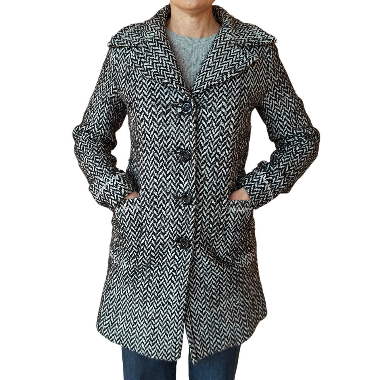 Black and White Herringbone Wool Blend Coat