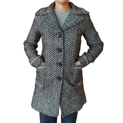 Black and White Herringbone Wool Blend Coat