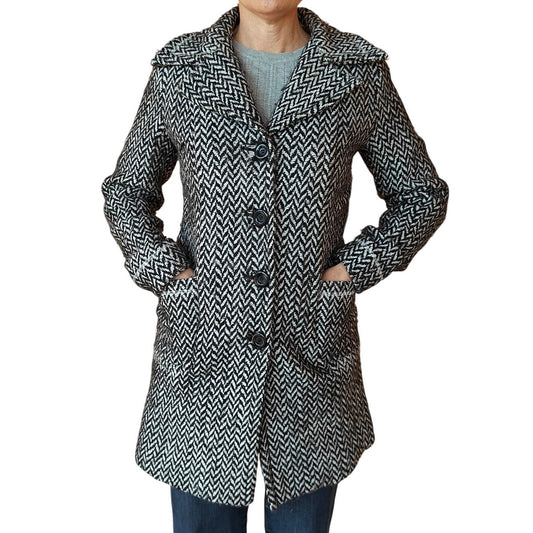 Black and White Herringbone Wool Blend Coat
