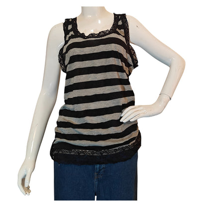 Lace Trim Black & Gray Striped Tank Top