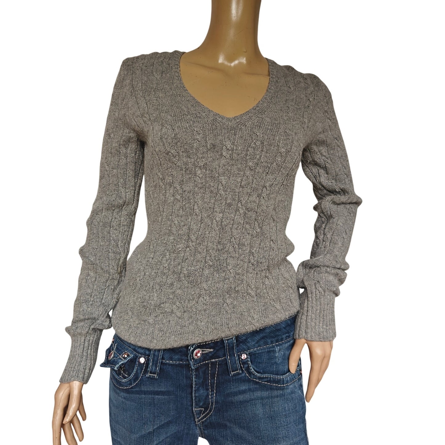 Gray V-Neck Cashmere Blend Cable Knit Sweater