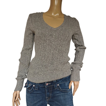 Gray V-Neck Cashmere Blend Cable Knit Sweater