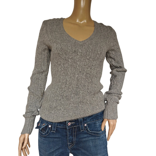 Gray V-Neck Cashmere Blend Cable Knit Sweater