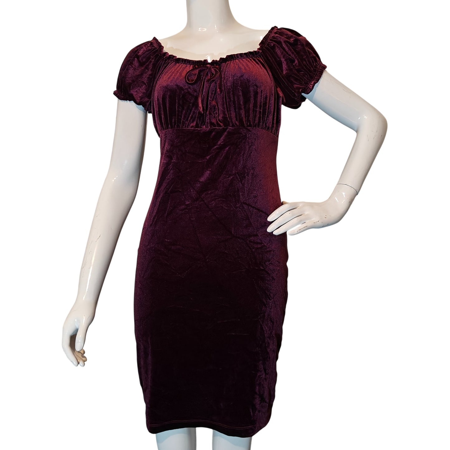 Burgundy Velvet Empire Waist Dress with Puff Sleeve