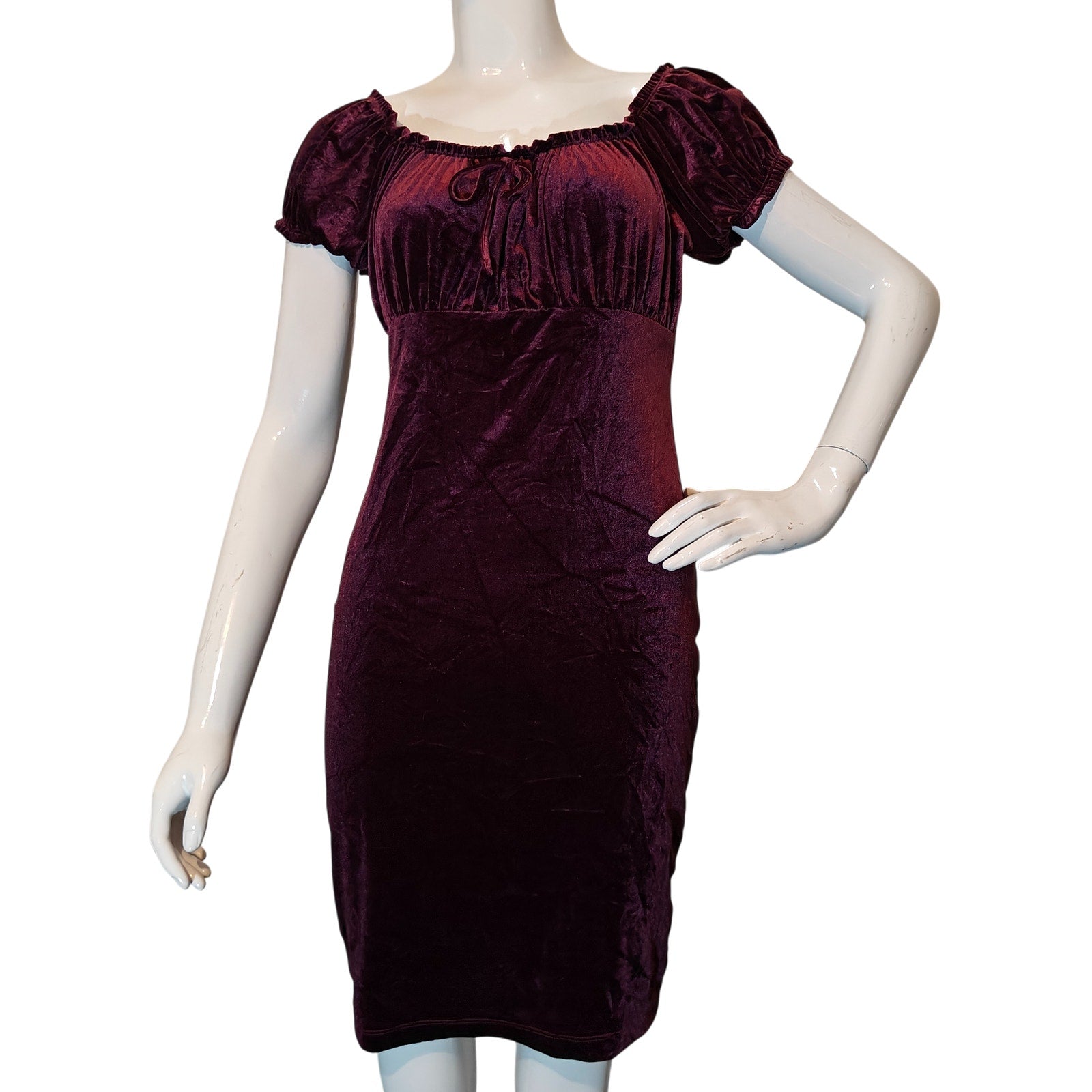Burgundy Velvet Empire Waist Dress with Puff Sleeve