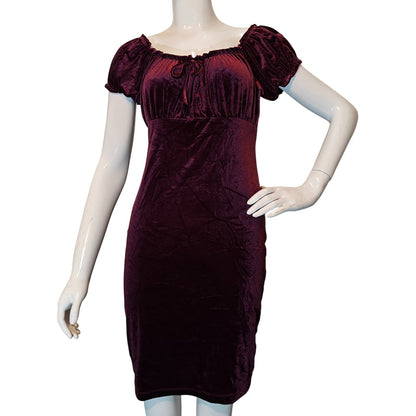 Burgundy Velvet Empire Waist Dress with Puff Sleeve