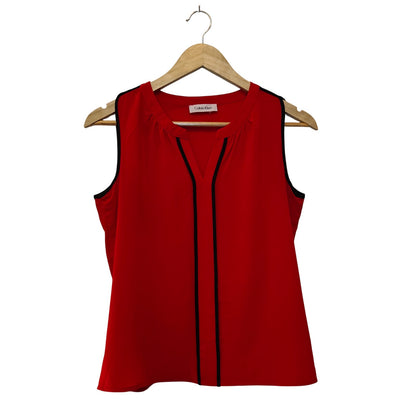 Red Sleeveless Blouse with Black Trim