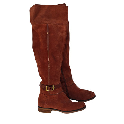 Cognac Suede Tall Riding Boots With Buckle Detail