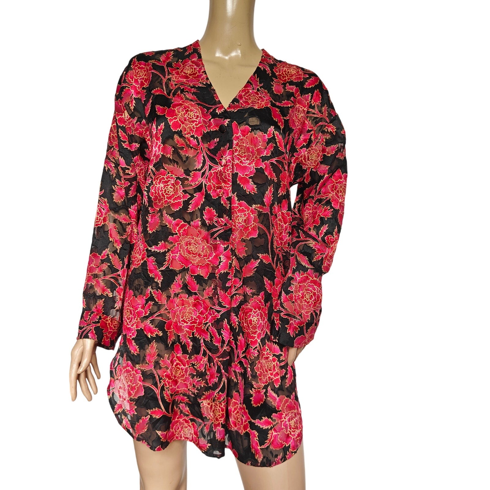 Black and Red Sheer Floral Nightgown