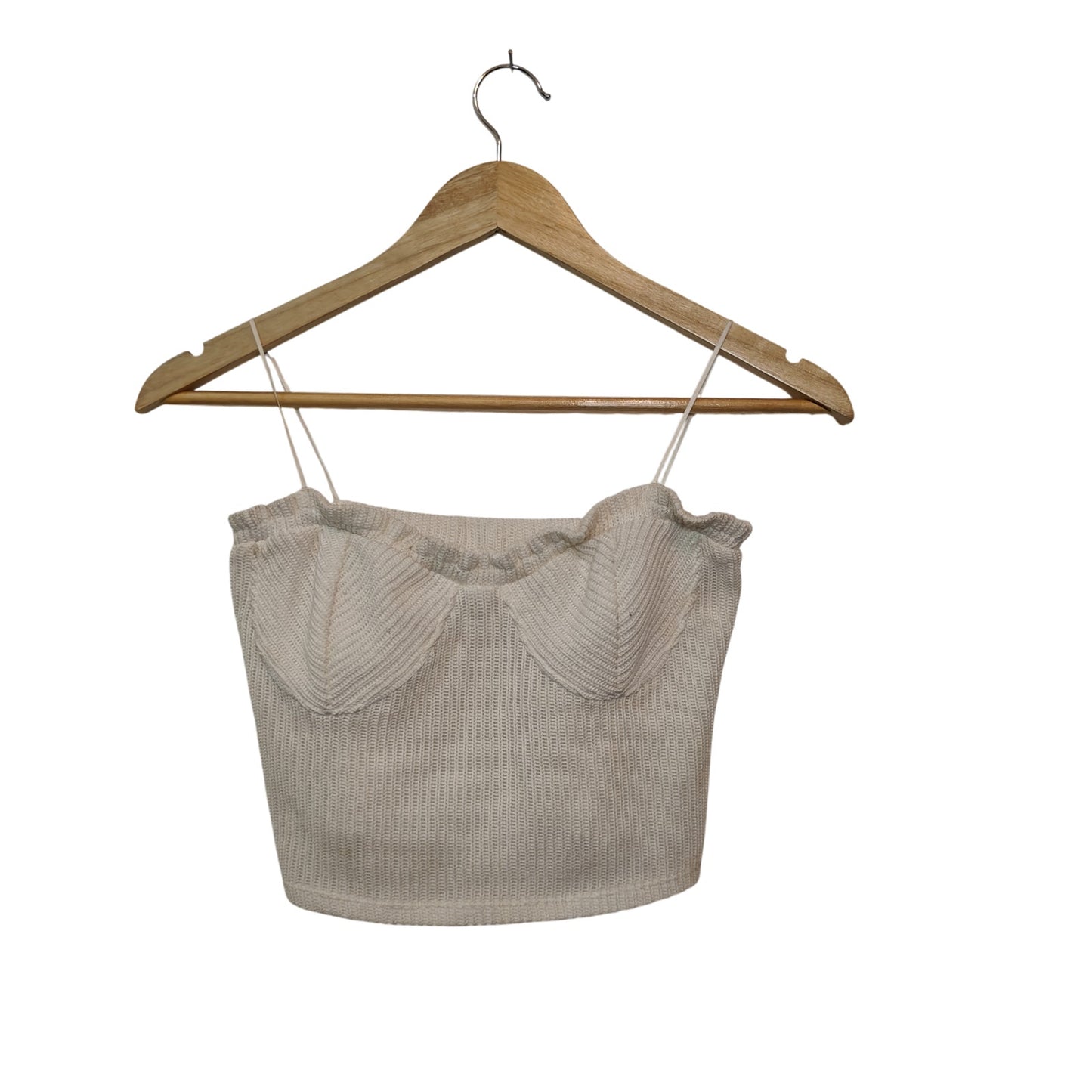 Cream Ribbed Knit Crop Top With Sweetheart Neck
