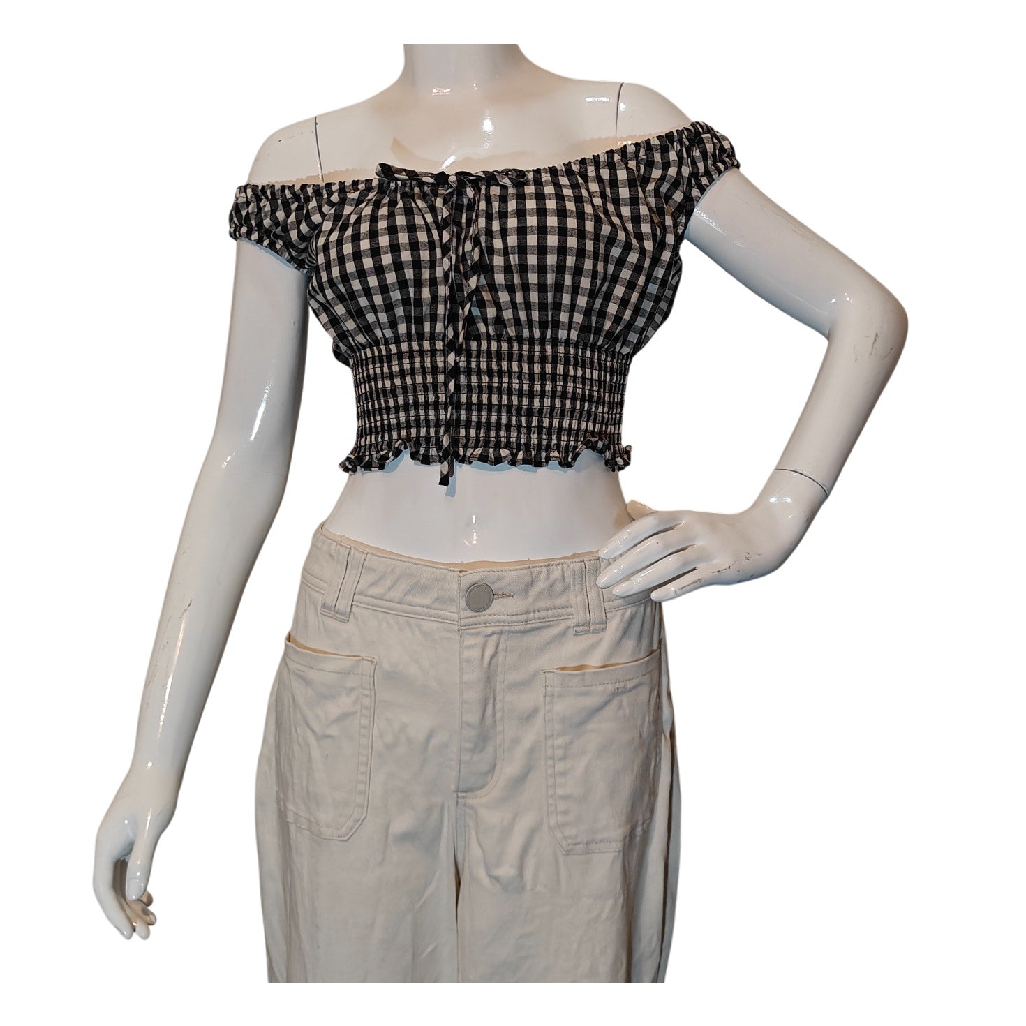 Black & White Gingham Off The Shoulder Smocked Crop Top