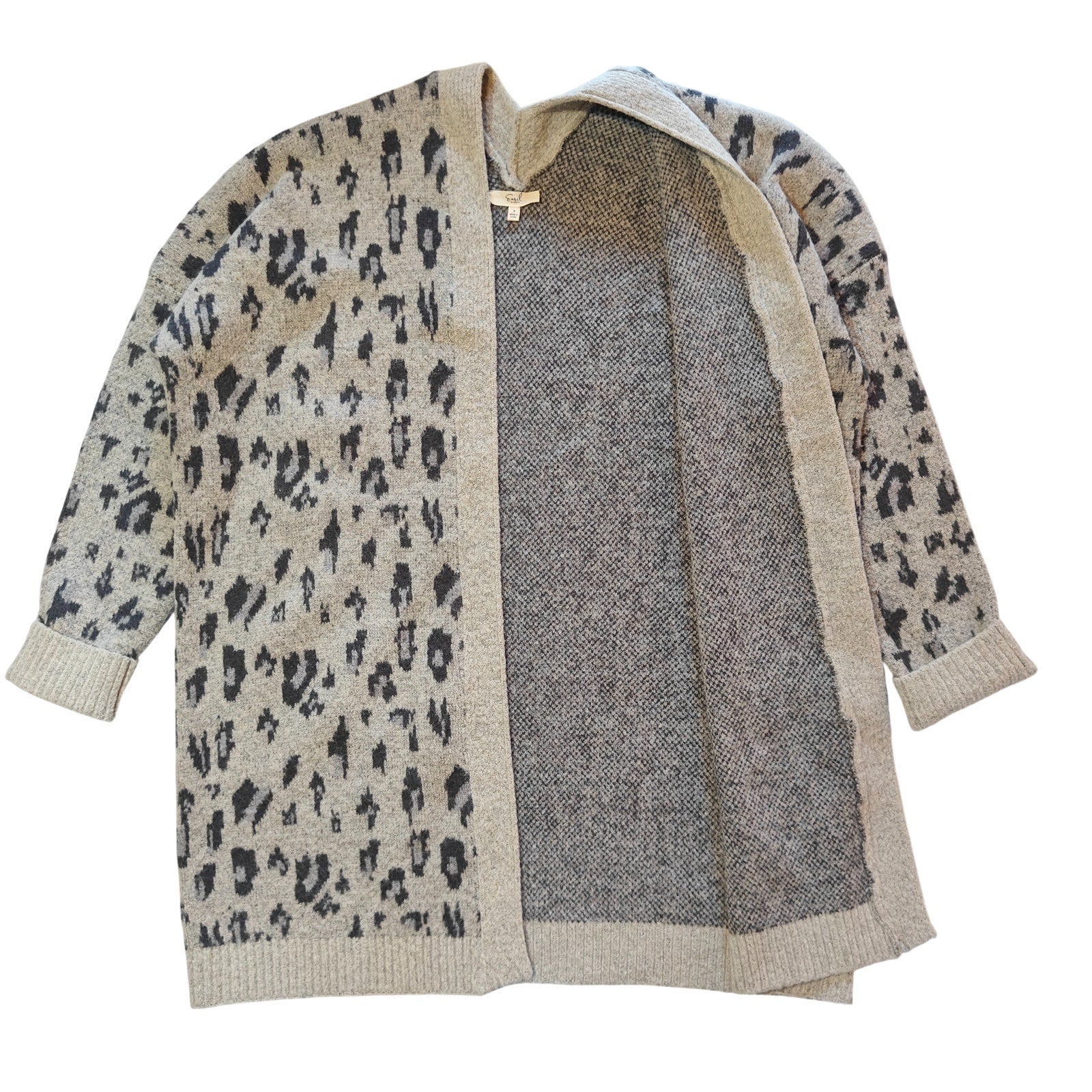 Beige and Gray Open Front Cardigan Sweater