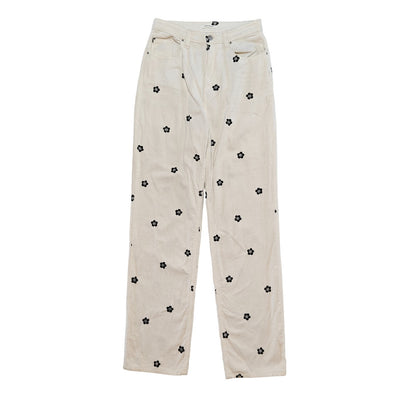 Ivory Floral Embroidered Boyfriend Fit Corduroys
