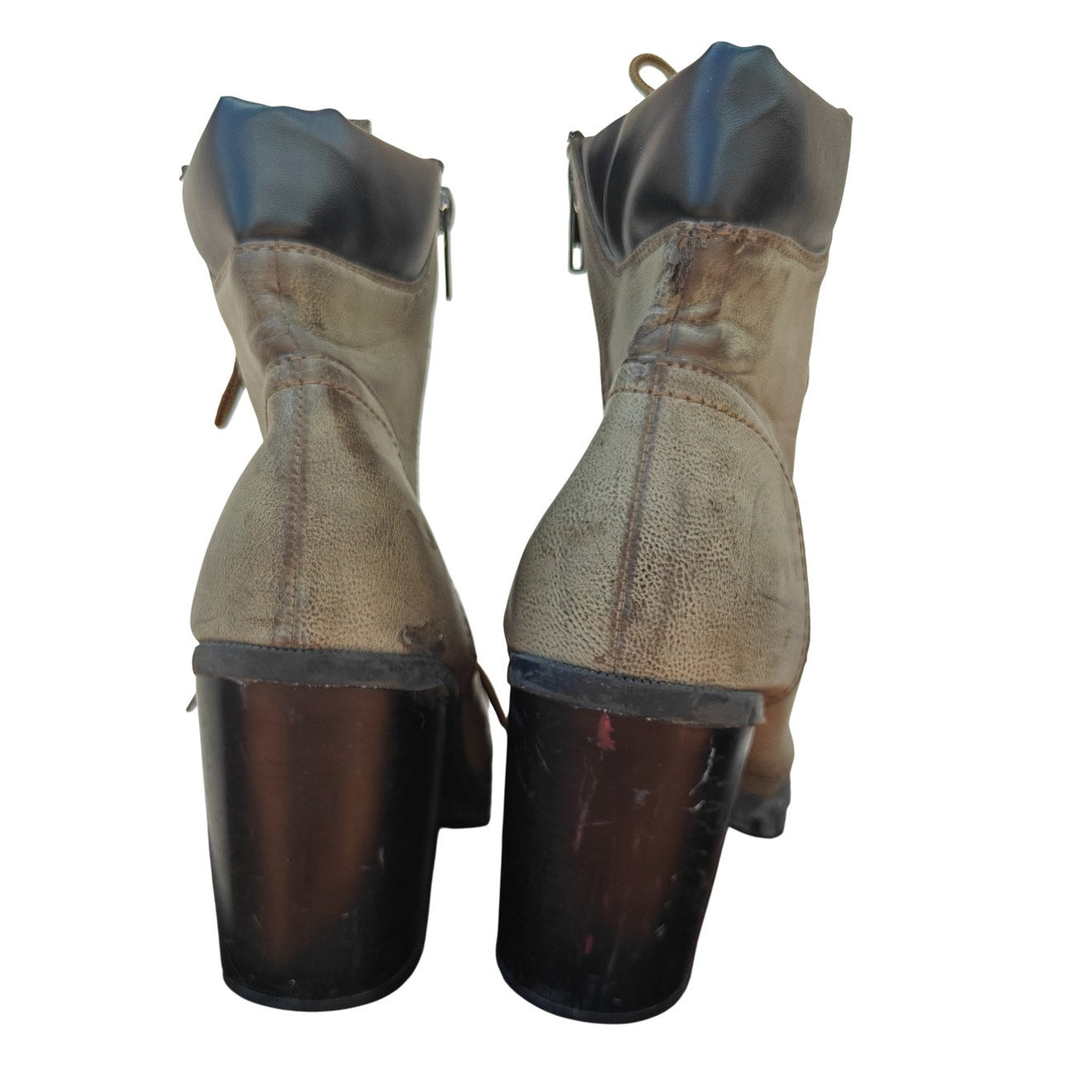 Gray/Brown Lace-Up Chunky Heel Boots