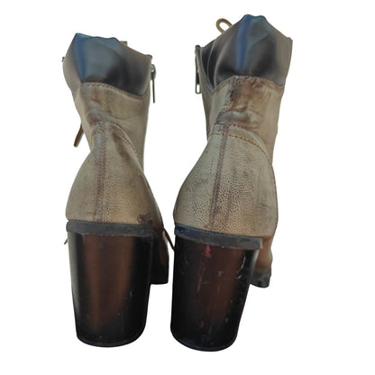 Gray/Brown Lace-Up Chunky Heel Boots
