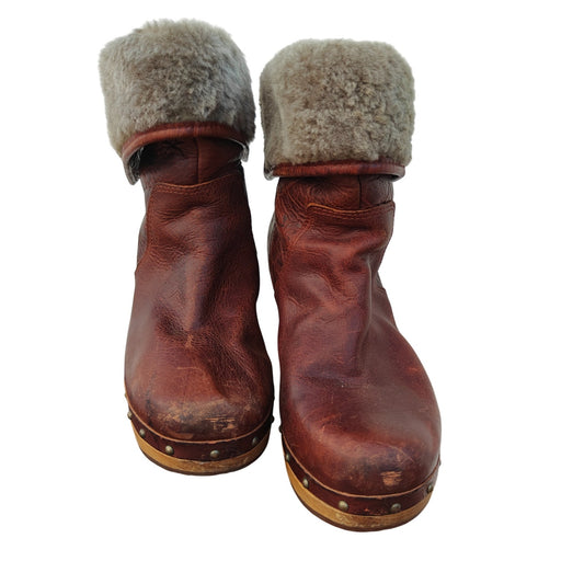 Red Leather Shearling Clog Ankle Boots